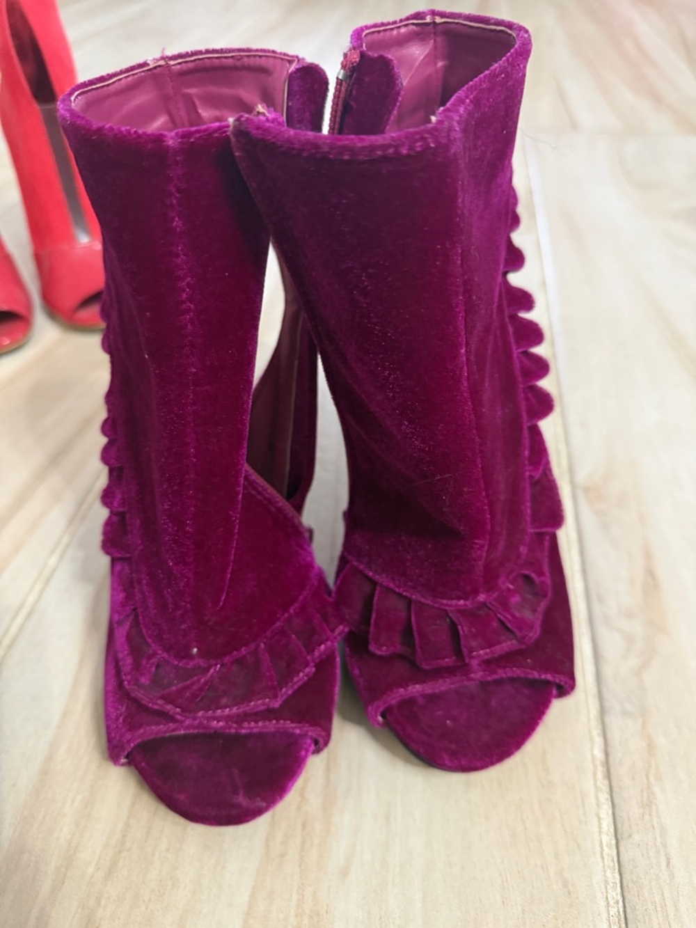 Shoe Dazzle Women's Velvet Ruffle Peep-Toe Heeled Boots - Magenta